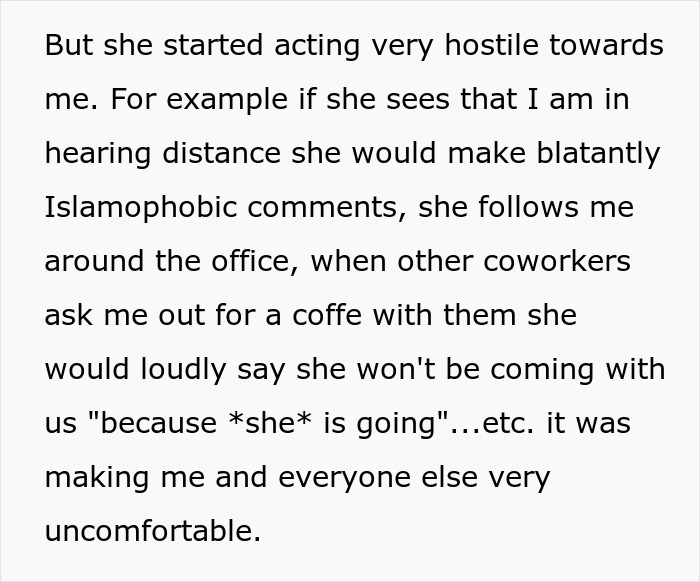 Text describing coworker acting hostile and making blatantly Islamophobic comments in an office setting.