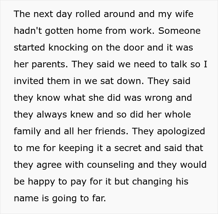 Text excerpt discussing a husband feeling sick after realizing who their son is named after and family confrontation. - 51