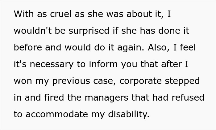 Text excerpt describing an ableist manager refusing to accommodate a disabled employee and facing consequences for it. Text excerpt describing an ableist manager refusing to accommodate a disabled employee and facing consequences for it.