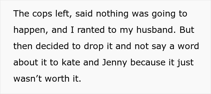Text excerpt about co-parenting misunderstanding and CPS involvement, highlighting tension after police leave without resolution.