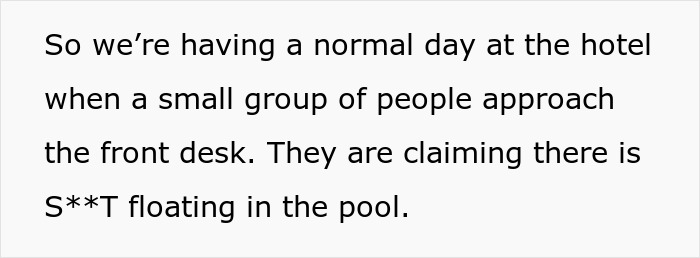 Small group at hotel front desk reporting a kid's poop floating in the pool, causing a disturbance at the hotel pool. - 3