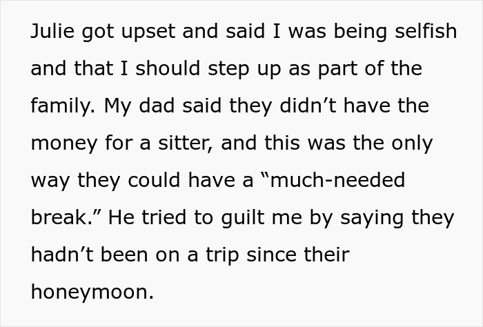 Text excerpt showing a teen being pressured by parents to babysit step-siblings due to lack of funds for a sitter.