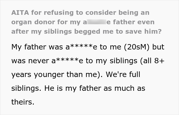 Text excerpt about a man refusing to donate an organ to the father who made his childhood difficult.