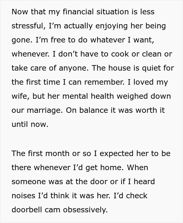 Text excerpt from a husband reflecting on his wife leaving to find herself and going on their dream trip alone.