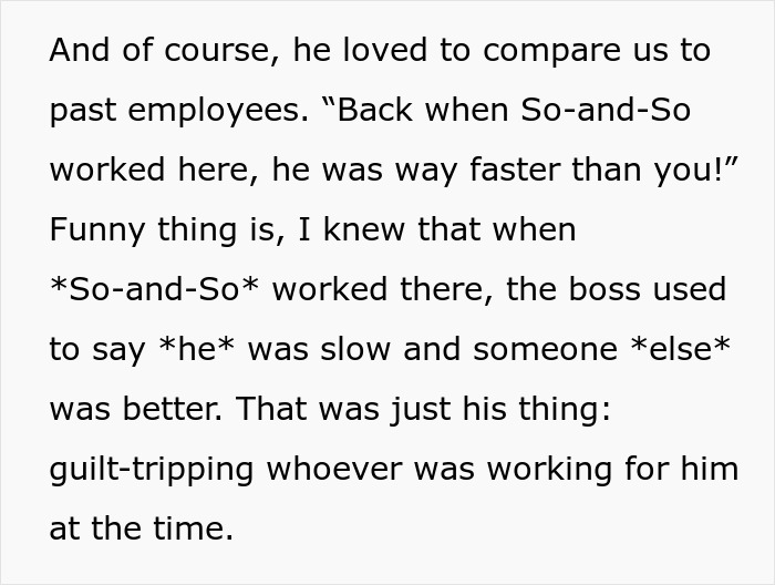 Text excerpt about a boss guilt-tripping employees by comparing them to past workers after each client message. - 6