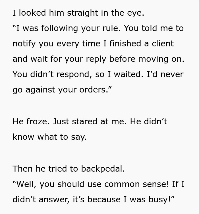 Text excerpt showing a conversation where a guy follows boss’s rule to message after every client but gets ignored for three hours. - 15