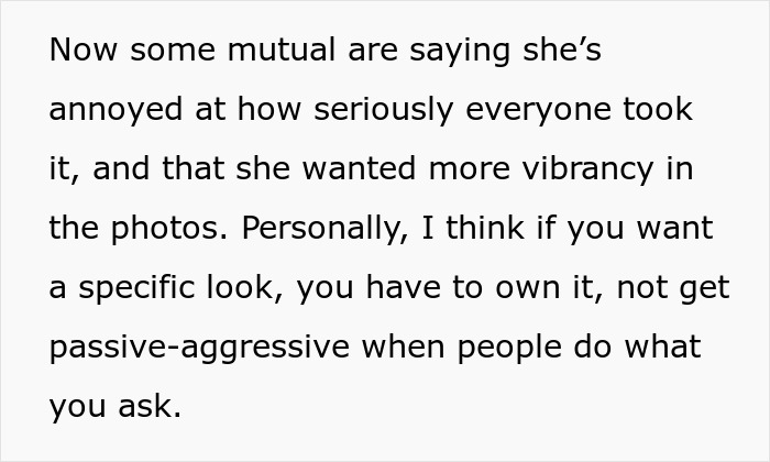 Text about the bride upset after requesting neutrals but wanting color, discussing expectations and reactions.