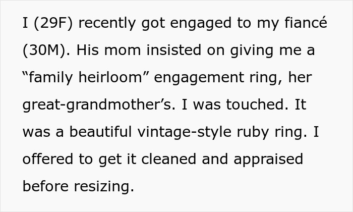 Woman realizes the family heirloom engagement ring from her mother-in-law is worth only thirty dollars.