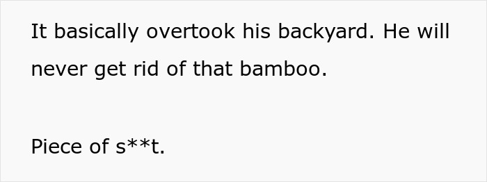 Text excerpt from a story where a guy helps a domestic violence victim and plagues the perpetrator's garden with bamboo.
