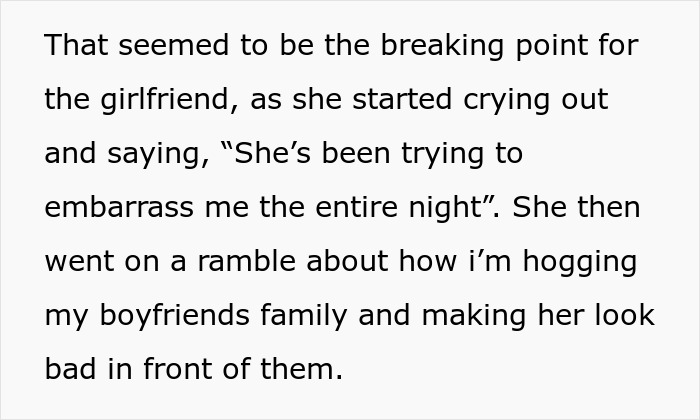 Text excerpt showing a girlfriend upset and accusing someone of making his new girlfriend insecure in a family conflict.