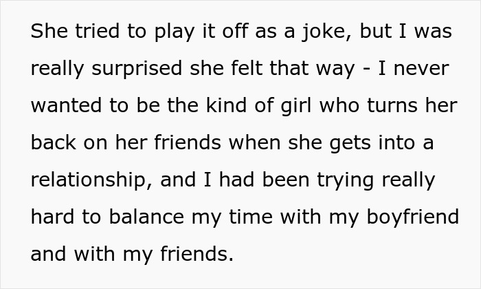 Text excerpt discussing best friend sabotage relationship BF and balancing time between boyfriend and friends.