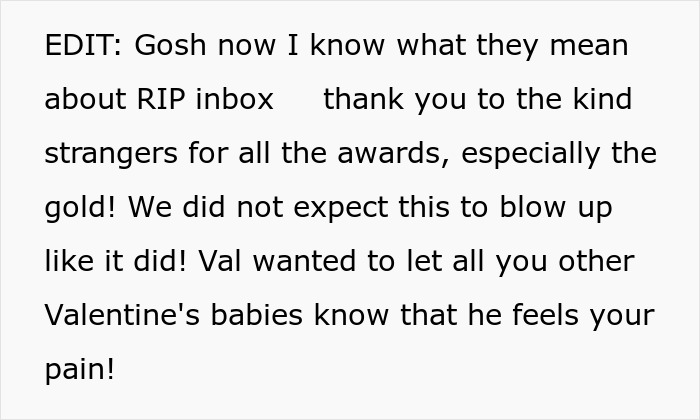 Text block showing a message about RIP inbox, gratitude for awards, and a note from Val to Valentine's babies about shared pain. - 36