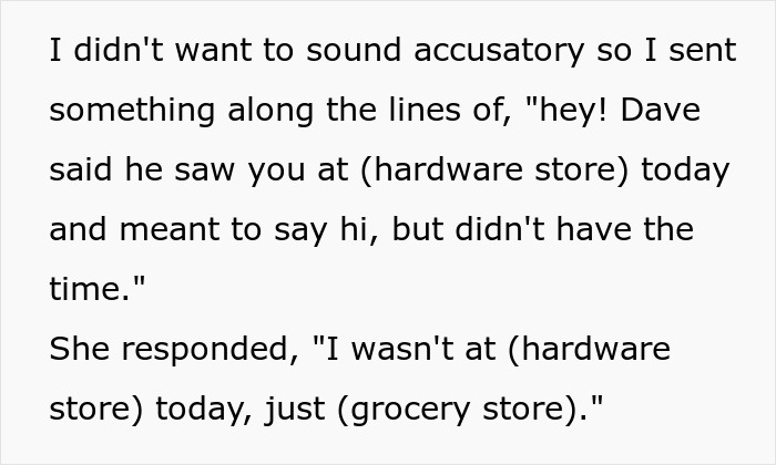 Text message exchange about best friend saw girlfriend another man, with a reply denying being at the hardware store today.