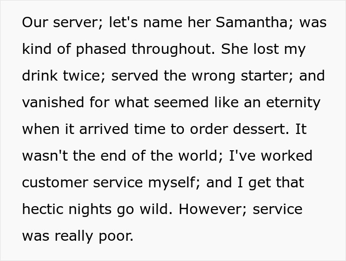Text excerpt from a man describing poor service by a waitress before taking back his tip after being shamed.