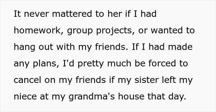 Text excerpt showing frustration from years of unpaid babysitting and lack of respect while caring for sister’s kids. - 9