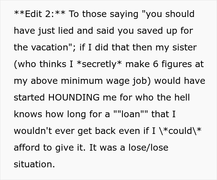 Text excerpt discussing a vacation causing rift when woman chooses friend over sister and niblings for trip plans. - 17