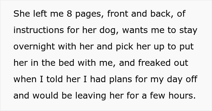 Alt text: Person insists friend board dog overnight, leaving detailed instructions and feeling stressed about plans.