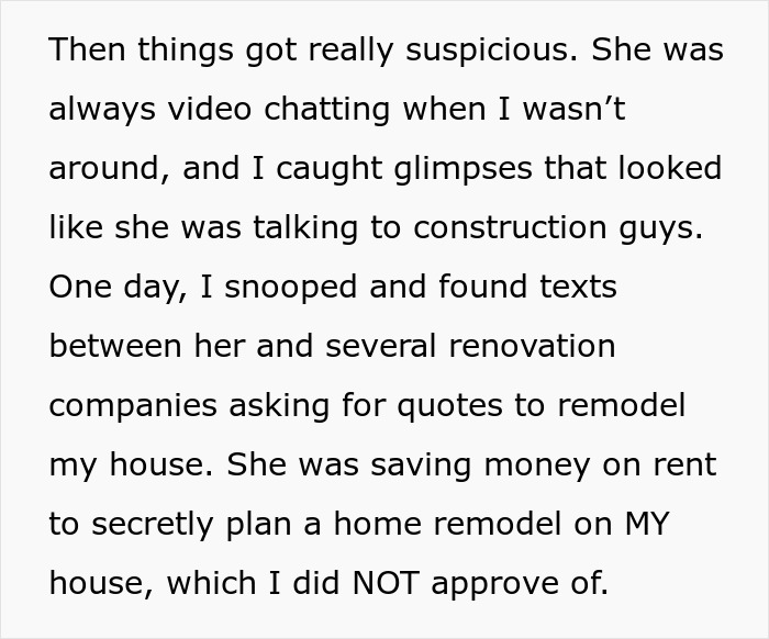 Text about catching a roommate secretly contacting contractors to get quotes for a home remodel without approval.