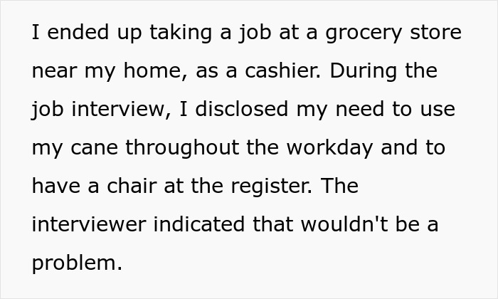 Text excerpt describing a disabled employee disclosing accommodation needs during a grocery store job interview. Text excerpt describing a disabled employee disclosing accommodation needs during a grocery store job interview.
