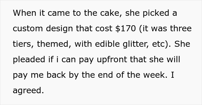 Text discussing a custom cake order costing 170 dollars with themes and edible glitter for a party. - 3