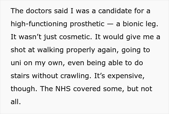 Text about a girl surviving cancer and being a candidate for a high-functioning prosthetic leg covered partly by NHS.