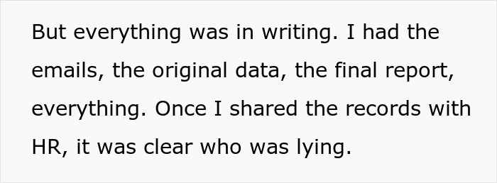 Text excerpt highlighting written evidence used to expose data fudging by a boss to improve department performance.