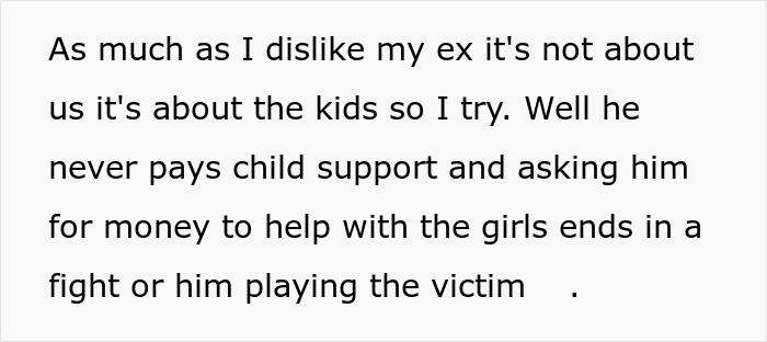 Text excerpt about a man refusing small favors and child support, facing legal consequences as a deadbeat dad.