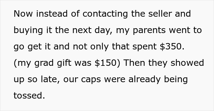 Text showing a story about parents playing favorites and their actions during their adopted daughter's graduation day.