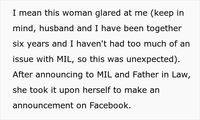 Text excerpt describing a mother-in-law's reaction and announcement on Facebook during a gender reveal conflict.