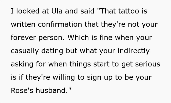 Text explaining how a friend&rsquo;s tattoo is ruining her love life using a Titanic metaphor about commitment and relationships.