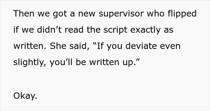 ALT text: Text excerpt describing a new supervisor strict about sticking to the script, causing workplace tension and issues.