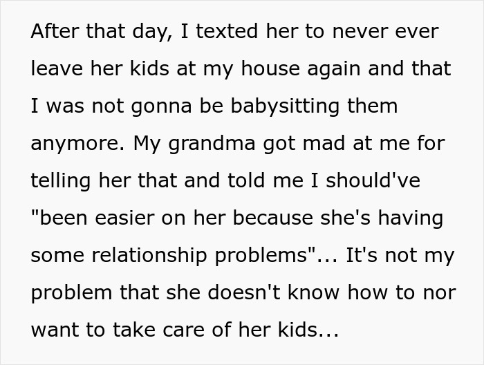 Text excerpt discussing a 17-year-old refusing to babysit sister’s kids without payment or respect after years of unpaid care. - 22
