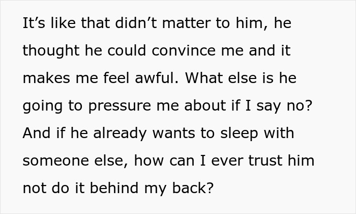 Text expressing heartbreak over husband suggesting polyamory after one year of marriage, feeling pressured and distrustful. - 8