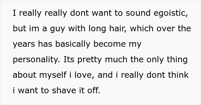 Text excerpt from 17-year-old expressing hesitation to shave long hair to support 7-year-old sibling with cancer.
