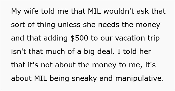 Text excerpt discussing MIL being sneaky and manipulative regarding paying for babysitting a toddler.