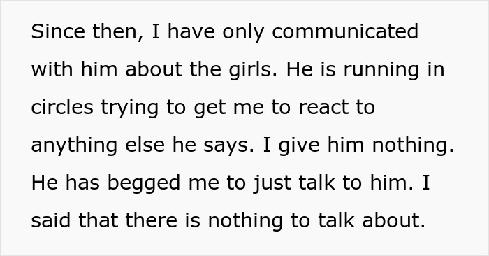 Text excerpt about communication struggles after cheating, illustrating MIL left shocked and called cruel monster.