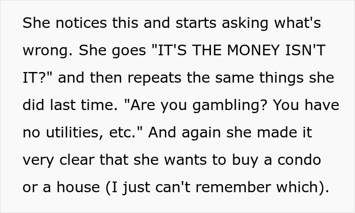 Text excerpt discussing suspicion about money and intentions to buy property, related to daughter&rsquo;s inheritance and gaslighting.