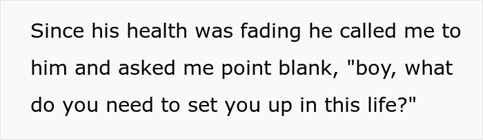 Text excerpt showing a man asking his stepson directly what he needs to be set up in life, hinting at a harsh lesson. - 16