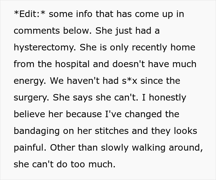 Text about girlfriend's hysterectomy recovery and limited activity, related to best friend saw girlfriend another man check email.