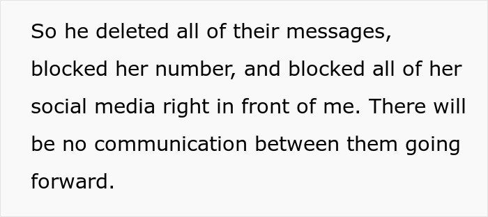 Text excerpt showing a husband blocking his ex by deleting messages and social media, raising red flags for wife.