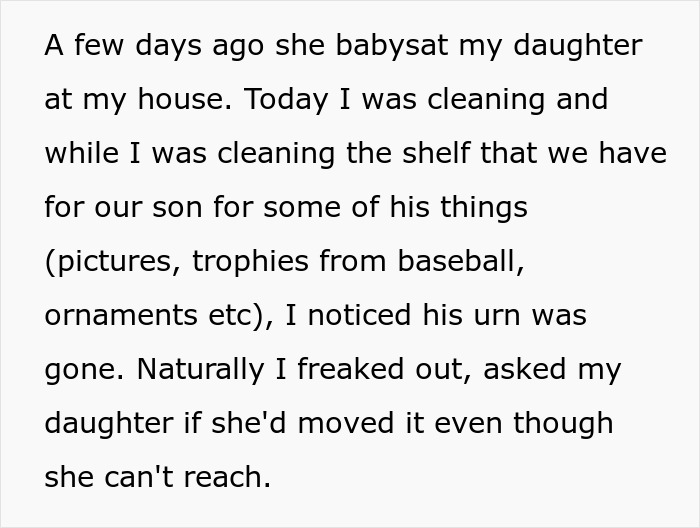 Text excerpt about family drama involving an entitled grandma stealing grandson&rsquo;s ashes, causing upset and confusion.