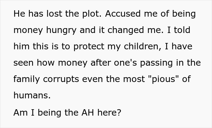 Text discussing a man who demands a prenup but changes his mind after his partner gets 7-figure insurance for protection.