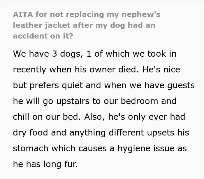 Text excerpt about woman refusing to replace nephew&rsquo;s jacket ruined by dog&rsquo;s accident due to ignored warnings and dog behavior.