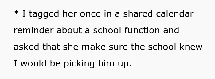 Text describing a co-parenting misunderstanding about school pickup that escalated, involving CPS intervention.