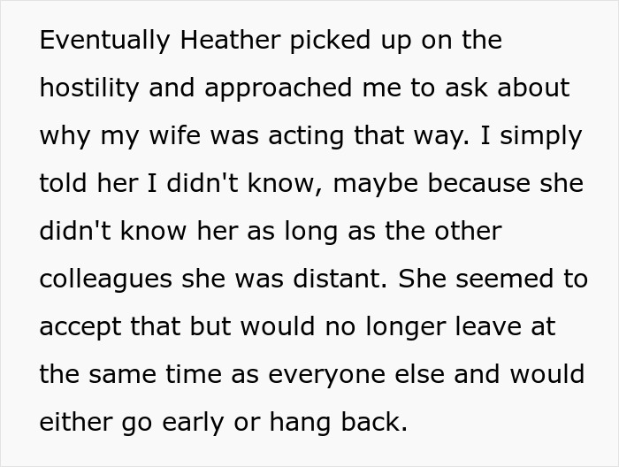 Text about a jealous wife spying on her husband at work, noticing his distant behavior and changing her routine.