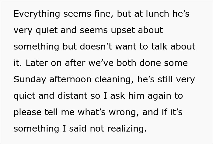 Text on a white background discussing a husband upset and distant after lunch, related to spoiled gender of their baby.