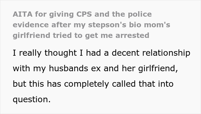 Text excerpt about a misunderstanding between co-parents leading to CPS involvement and conflict over arrest attempts.