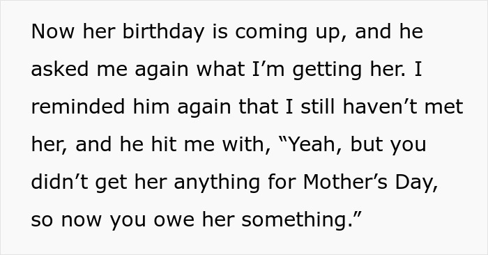 Text excerpt showing a man expecting his girlfriend to get a Mother’s Day gift despite only dating for eight months. - 9