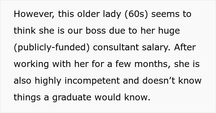 Older woman in her 60s labeled as boss showing incompetence and poor technology skills at the workplace.