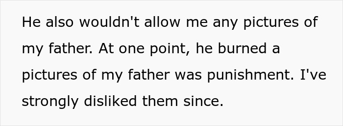 Text excerpt about stepfather burning father's picture, highlighting refusal to have anything to do with unhinged stepfather. Text excerpt about stepfather burning father's picture, highlighting refusal to have anything to do with unhinged stepfather.